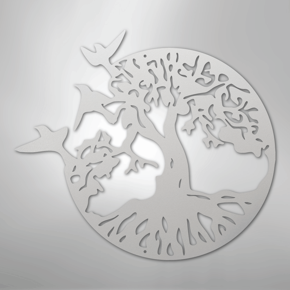 Metal Wall Art - Birds in Tree Sign White