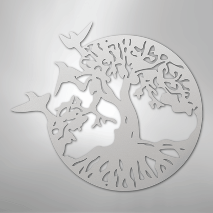 Metal Wall Art - Birds in Tree Sign White