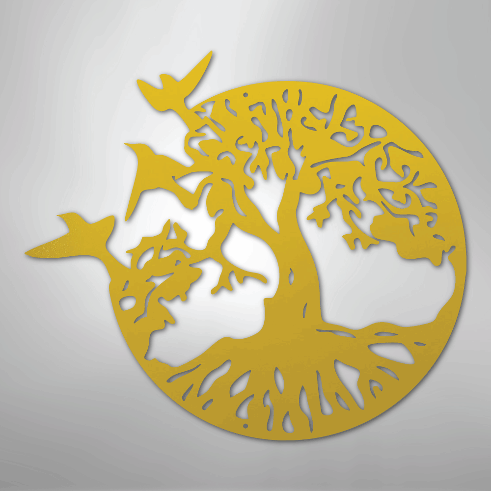 Metal Wall Art - Birds in Tree Sign Yellow