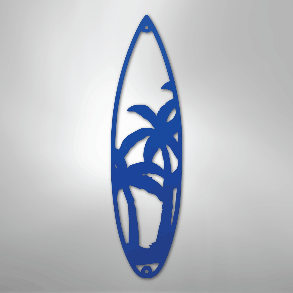 Metal Wall Art - Surfboard Palm Tree Monogram Sign Blue