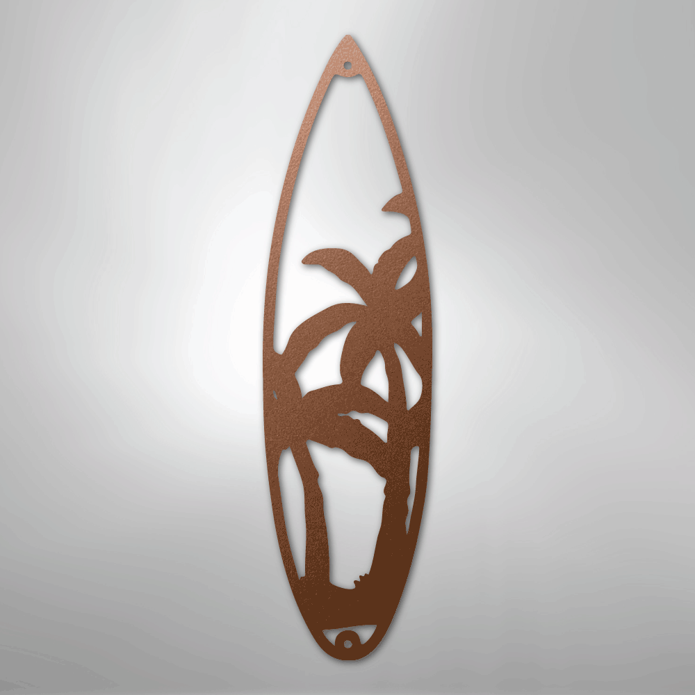 Metal Wall Art - Surfboard Palm Tree Monogram Sign Copper