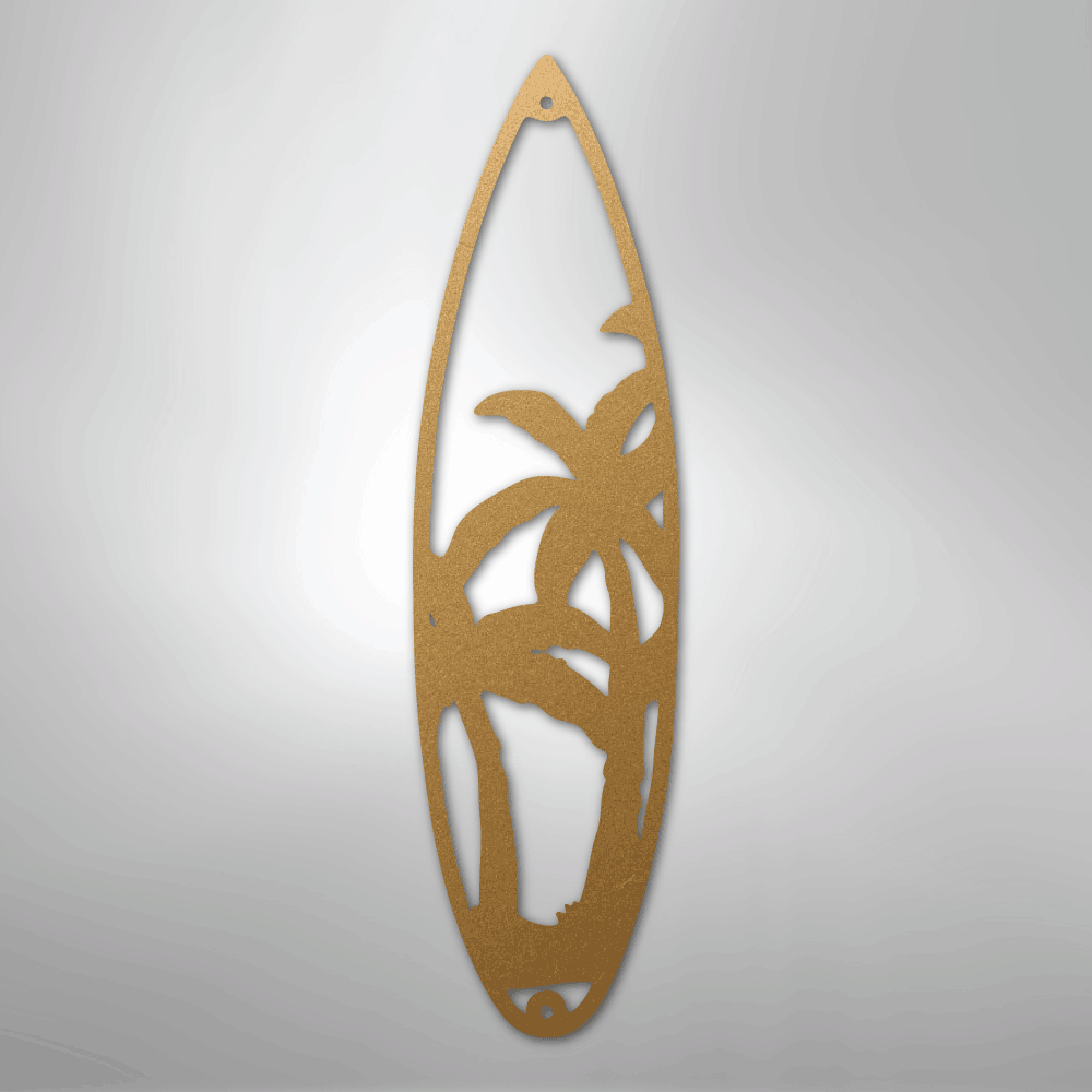 Metal Wall Art - Surfboard Palm Tree Monogram Sign Gold