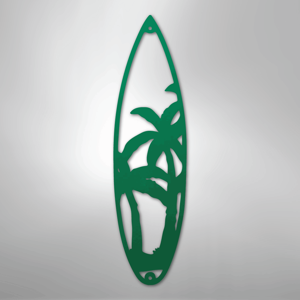Metal Wall Art - Surfboard Palm Tree Monogram Sign Green