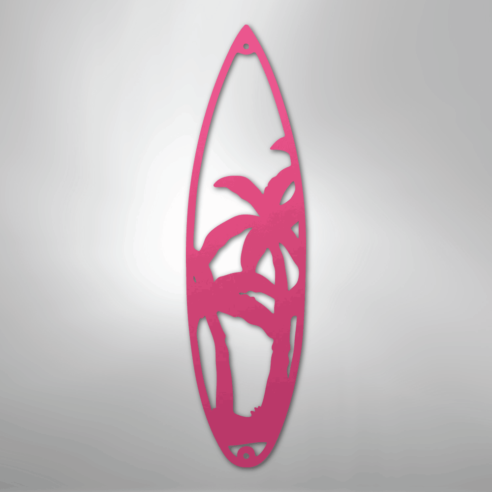 Metal Wall Art - Surfboard Palm Tree Monogram Sign Pink