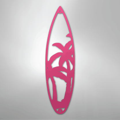 Metal Wall Art - Surfboard Palm Tree Monogram Sign Pink