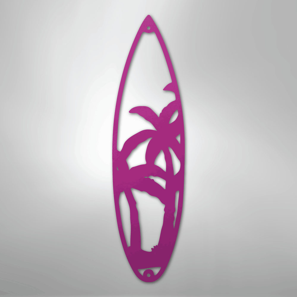 Metal Wall Art - Surfboard Palm Tree Monogram Sign Purple