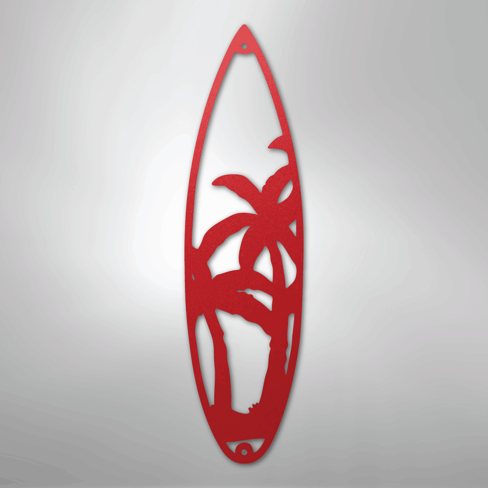 Metal Wall Art - Surfboard Palm Tree Monogram Sign Red