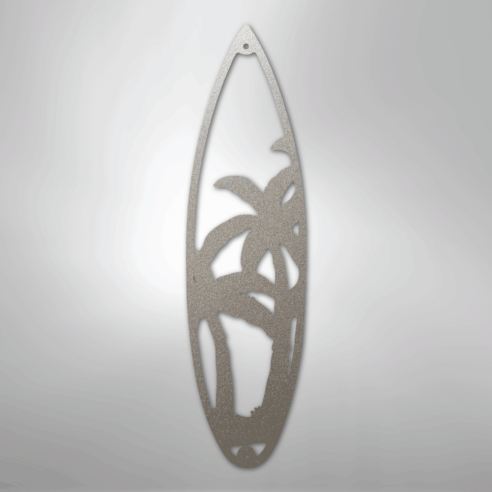 Metal Wall Art - Surfboard Palm Tree Monogram Sign Silver