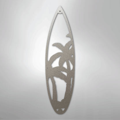 Metal Wall Art - Surfboard Palm Tree Monogram Sign Silver