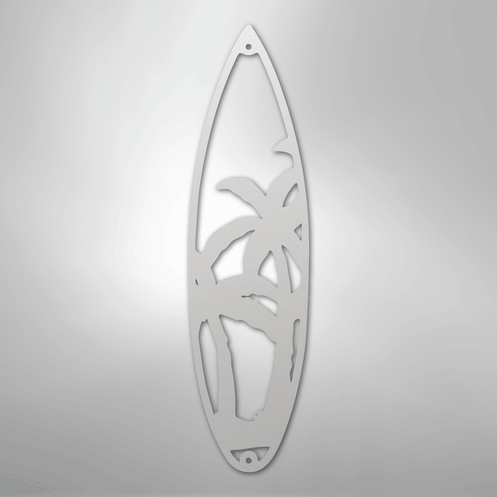 Metal Wall Art - Surfboard Palm Tree Monogram Sign White