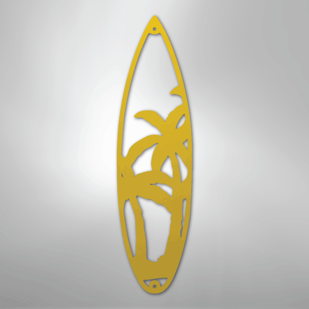 Metal Wall Art - Surfboard Palm Tree Monogram Sign Yellow