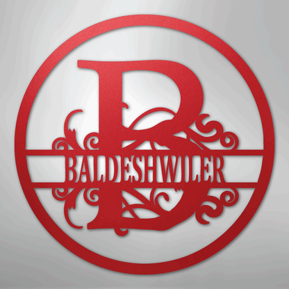 Custom Metal Wall Art - Personalized Split Circle Monogram Sign Red