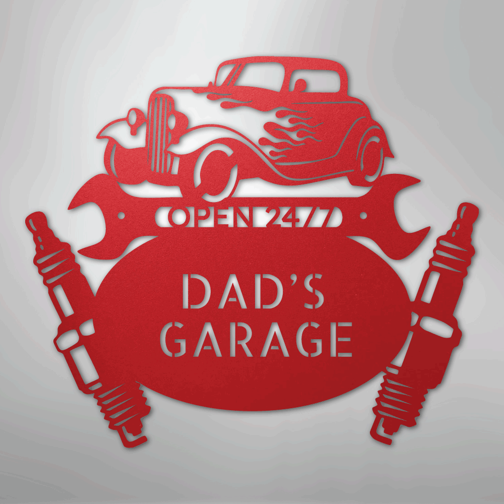 Custom Metal Wall Art - Personalized Dad's Garage Sign Red