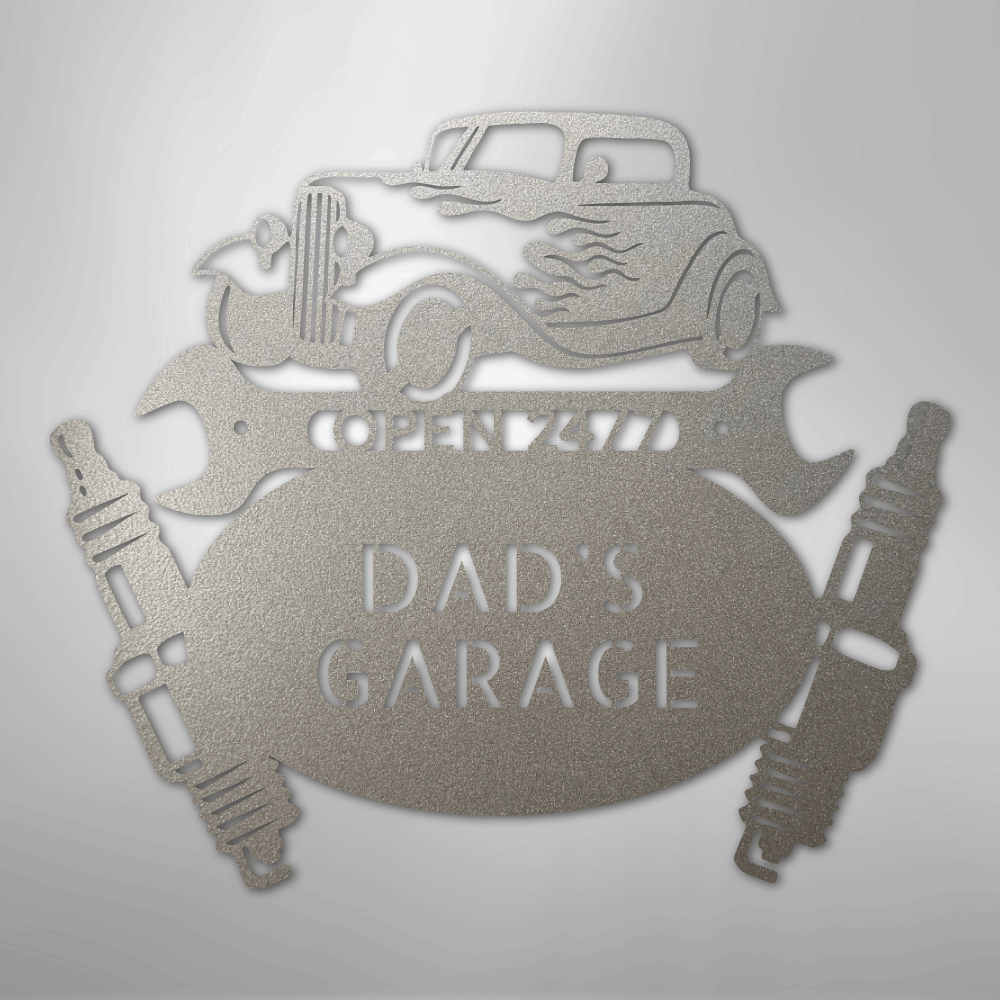 Custom Metal Wall Art - Personalized Dad's Garage Sign Silver