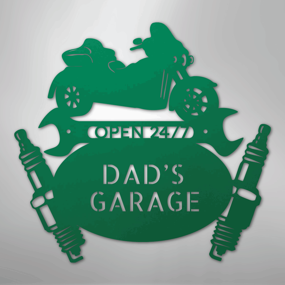Custom Metal Wall Art - Personalized Trike Garage Name Sign Green