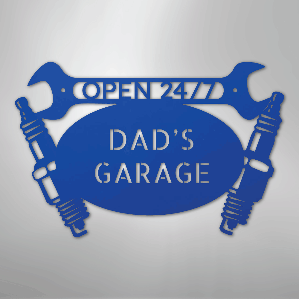 Custom Metal Wall Art - Personalized Dad's Garage Name Sign Blue