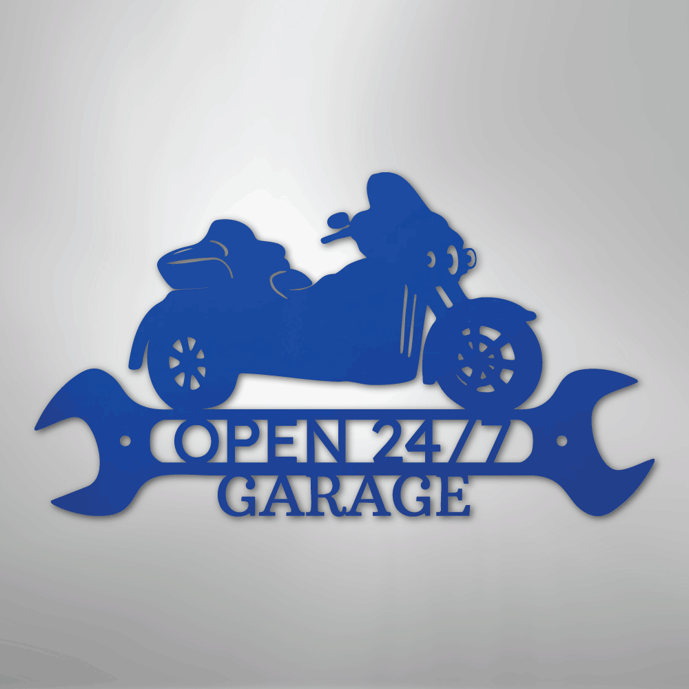 Custom Metal Wall Art - Personalized Motorbike Shop Name Sign Blue