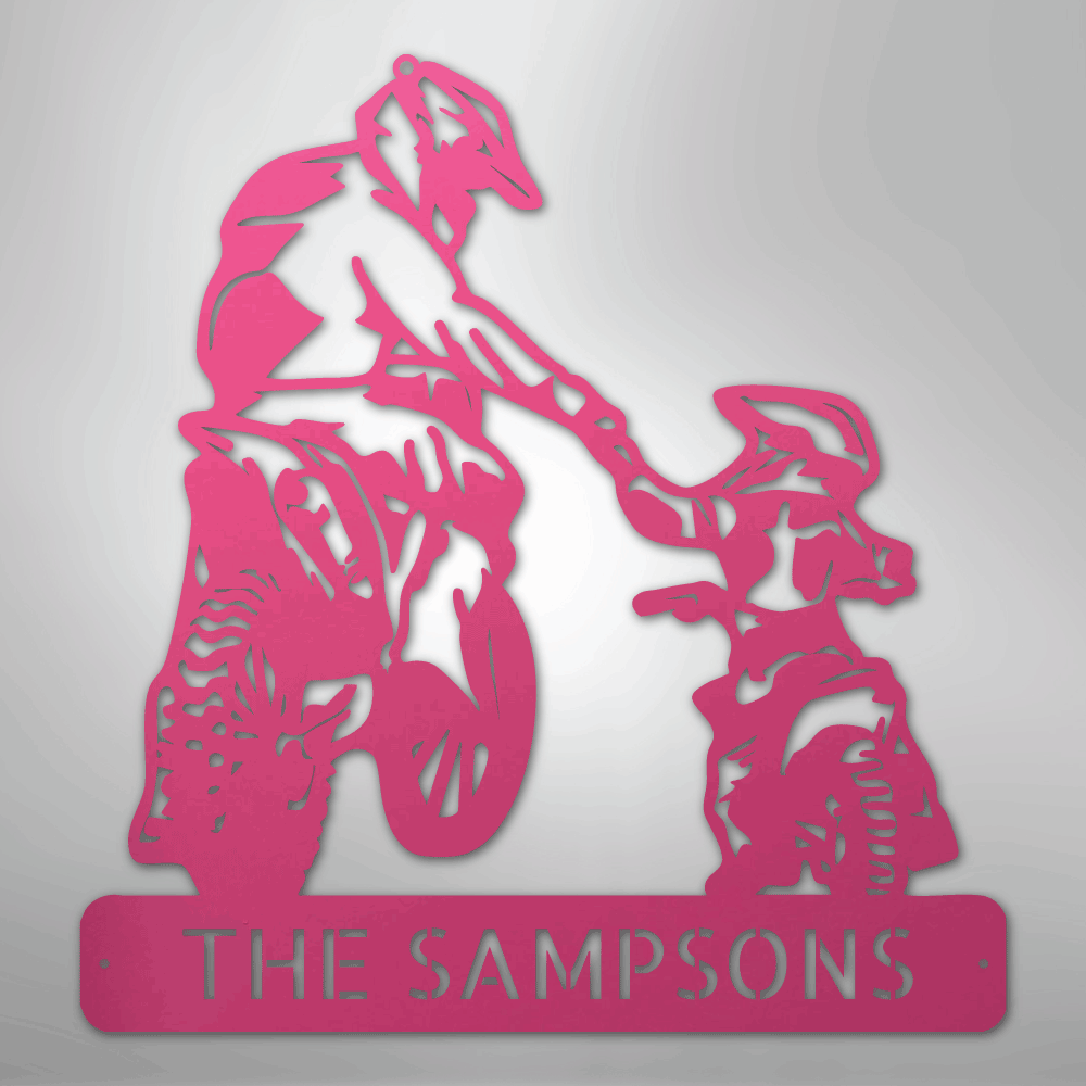 Custom Metal Wall Art - Personalized Father Son Motocross Sign Pink