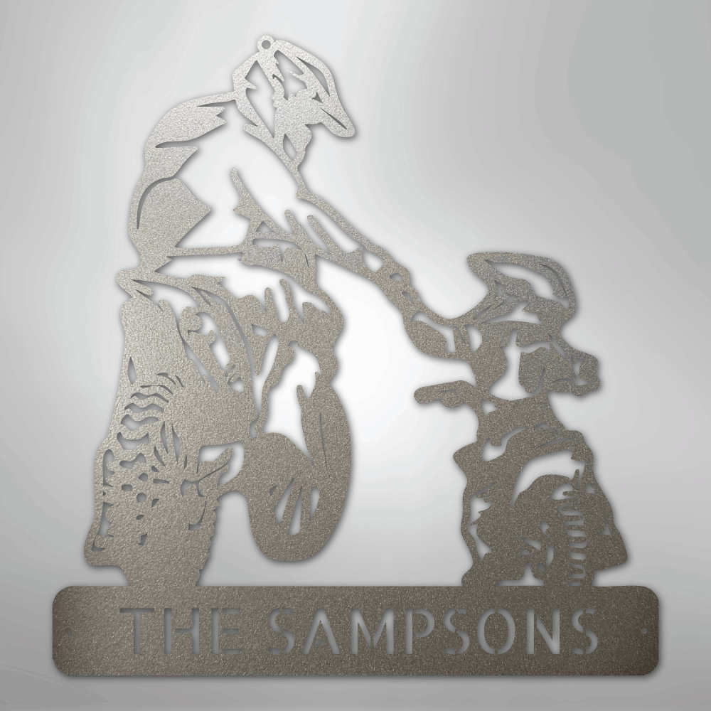 Custom Metal Wall Art - Personalized Father Son Motocross Sign Silver