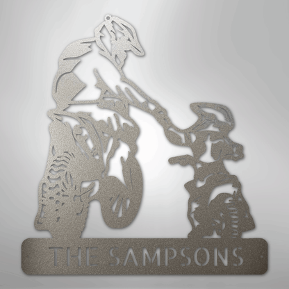 Custom Metal Wall Art - Personalized Father Son Motocross Sign Silver