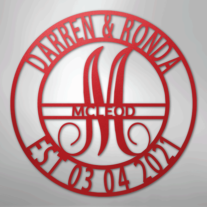 Custom Metal Wall Art - Personalized Split Letter Monogram Sign Red