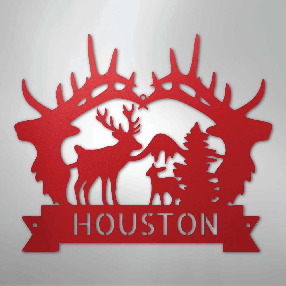 Custom Metal Wall Art - Personalized Antler Monogram Sign Red