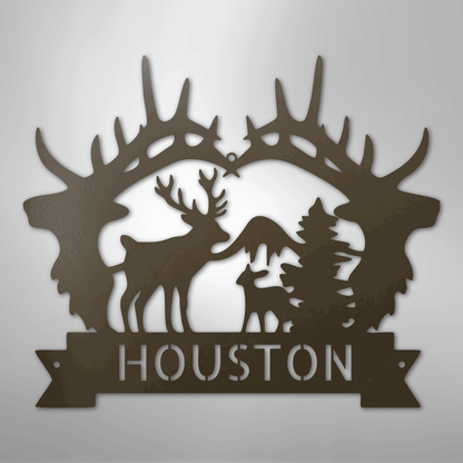 Custom Metal Wall Art - Personalized Antler Monogram Sign Stone