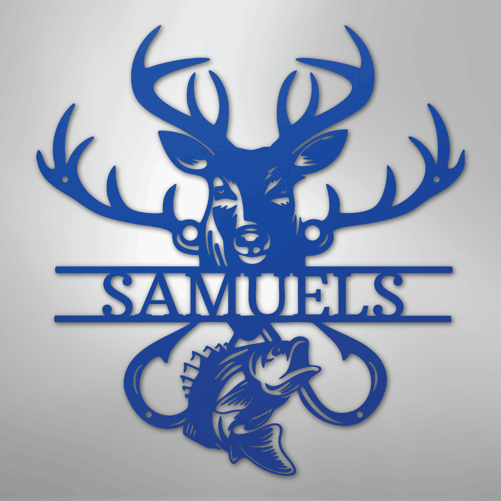 Custom Metal Wall Art - Personalized Deer and Fish Sign Blue