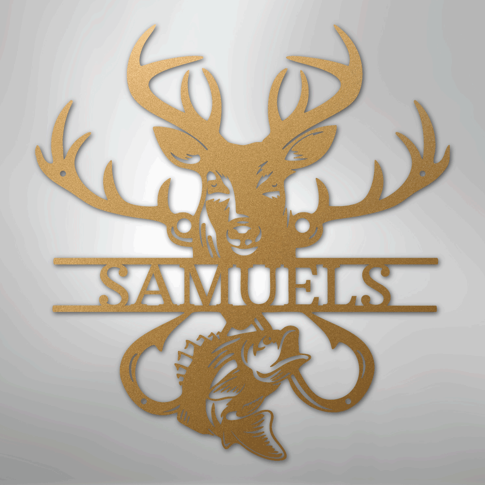 Custom Metal Wall Art - Personalized Deer and Fish Sign Gold