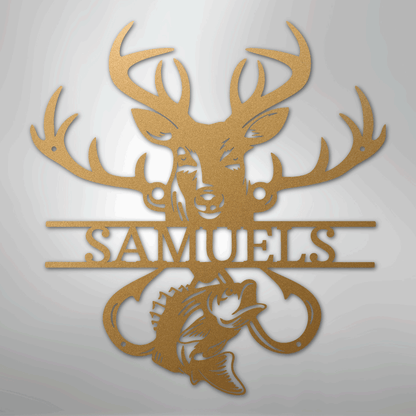 Custom Metal Wall Art - Personalized Deer and Fish Sign Gold