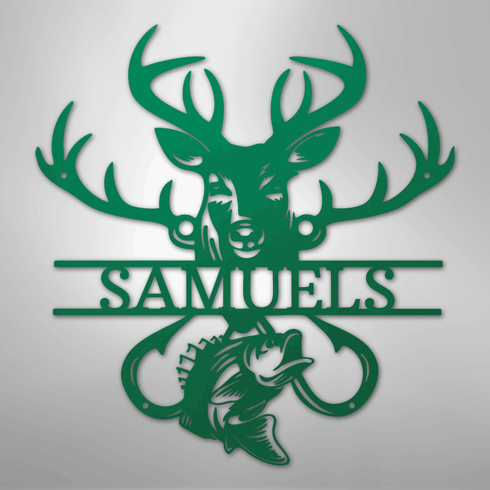 Custom Metal Wall Art - Personalized Deer and Fish Sign Green