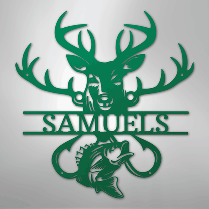 Custom Metal Wall Art - Personalized Deer and Fish Sign Green