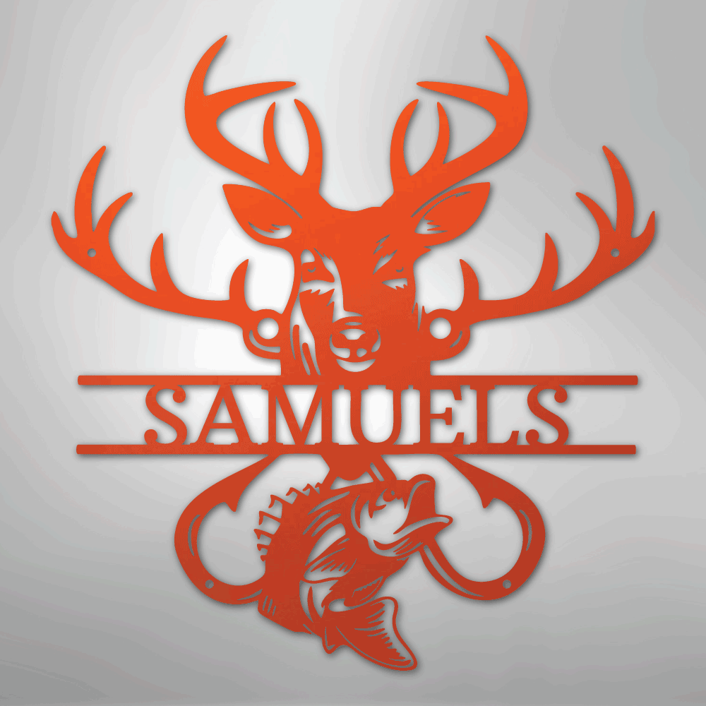 Custom Metal Wall Art - Personalized Deer and Fish Sign Orange