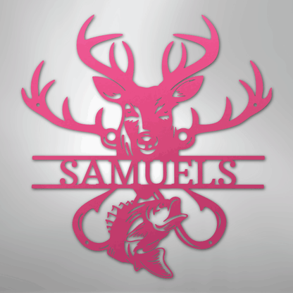 Custom Metal Wall Art - Personalized Deer and Fish Sign Pink