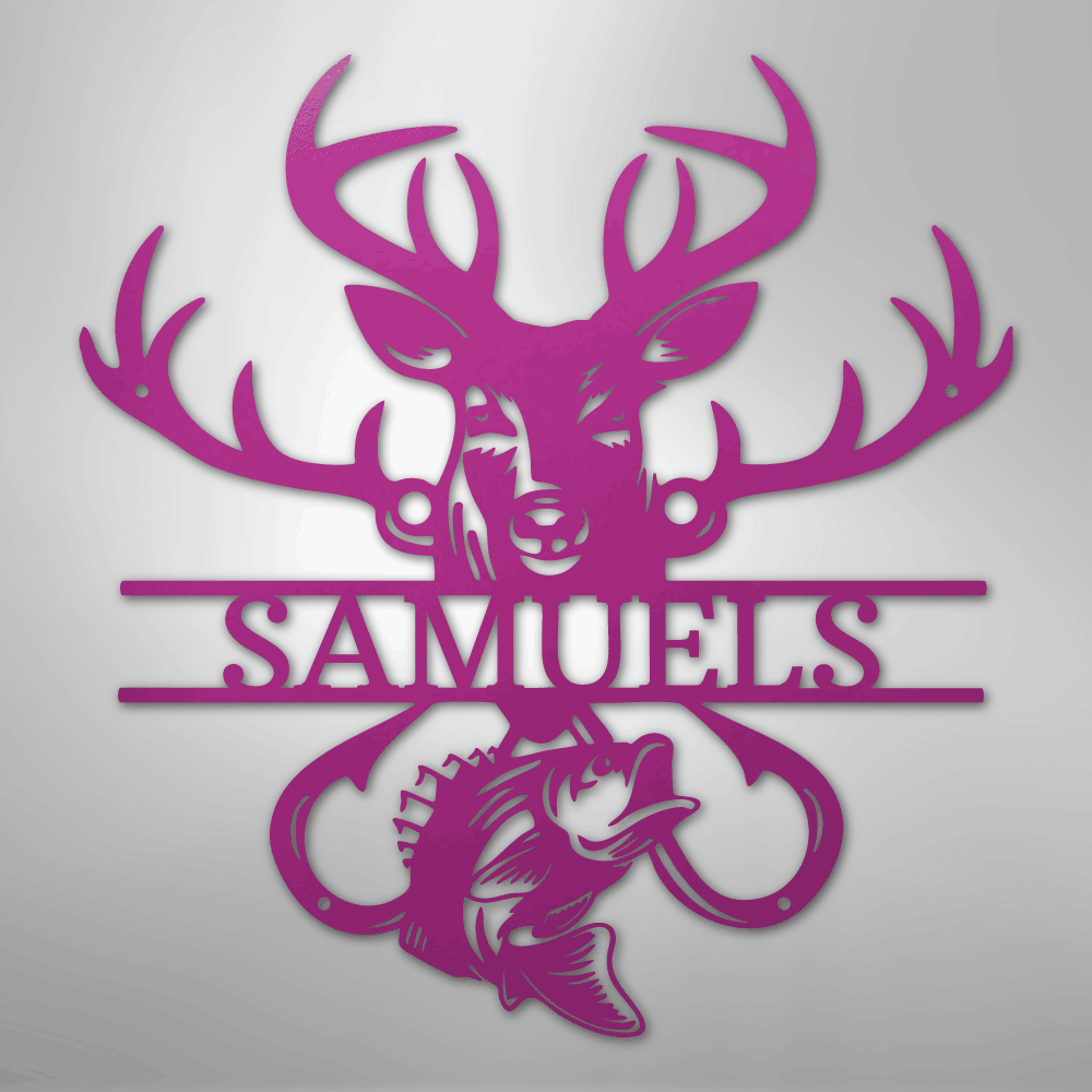 Custom Metal Wall Art - Personalized Deer and Fish Sign Purple