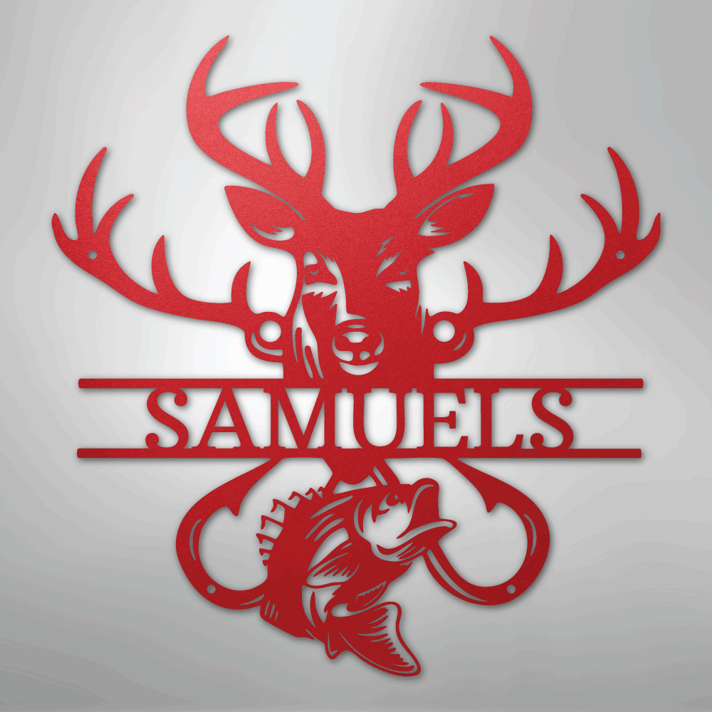 Custom Metal Wall Art - Personalized Deer and Fish Sign Red