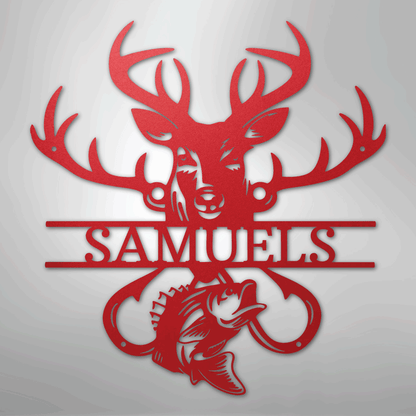 Custom Metal Wall Art - Personalized Deer and Fish Sign Red