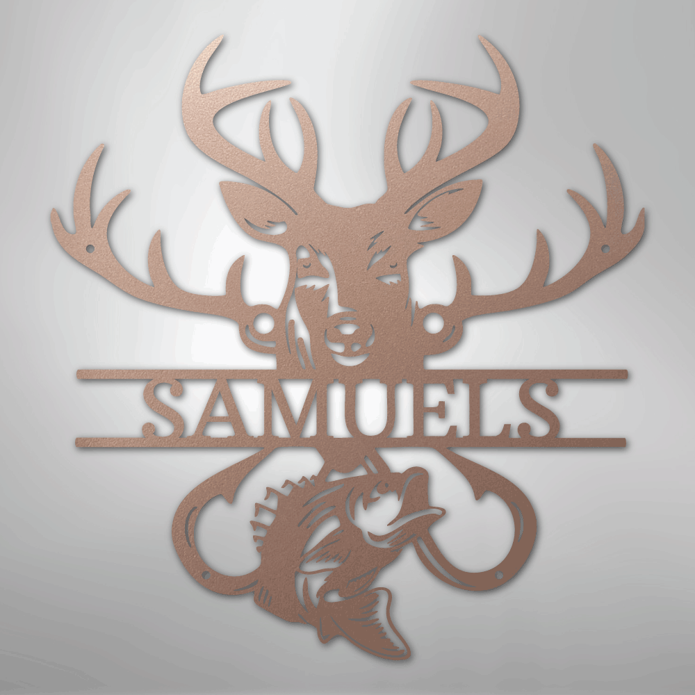 Custom Metal Wall Art - Personalized Deer and Fish Sign Rose
