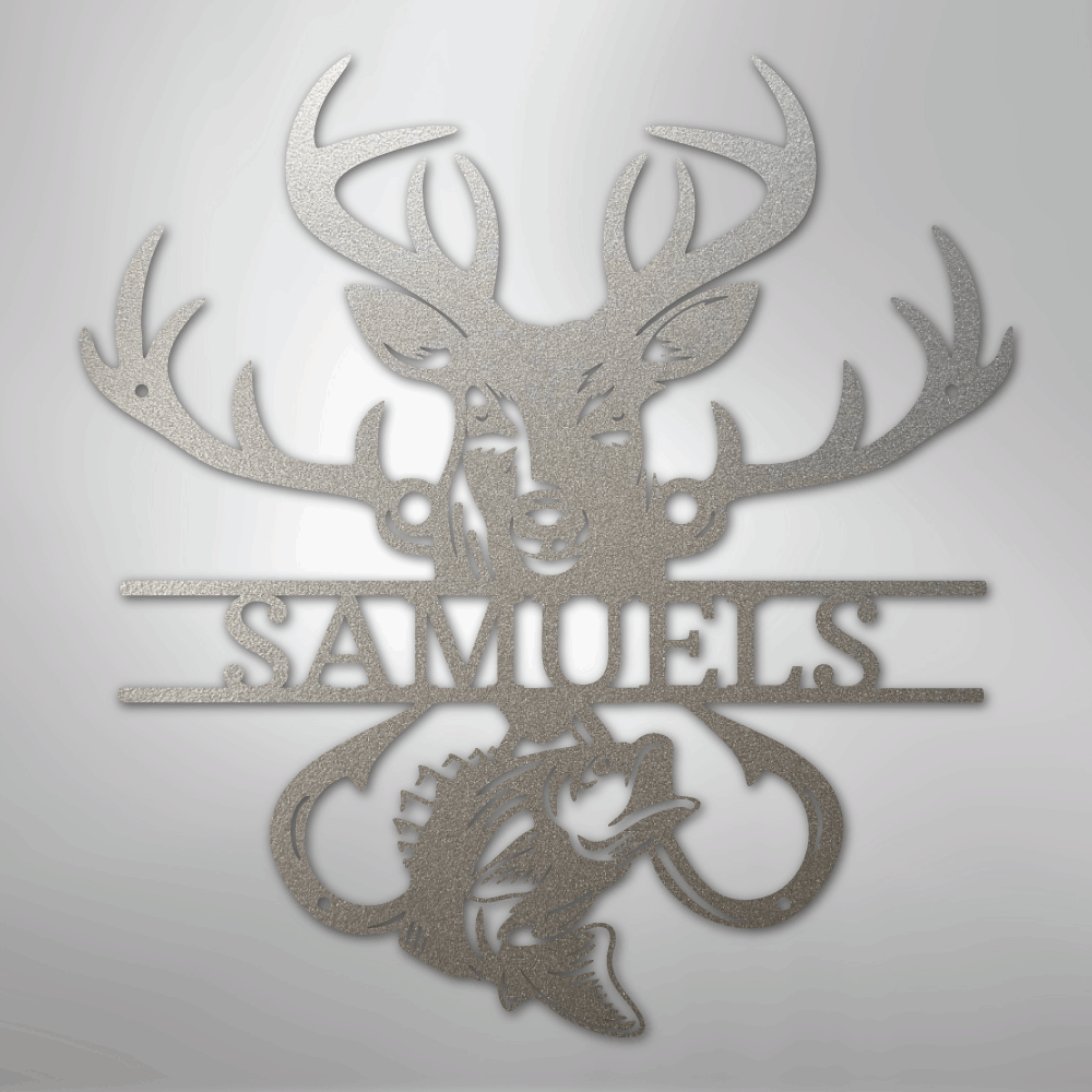 Custom Metal Wall Art - Personalized Deer and Fish Sign Silver