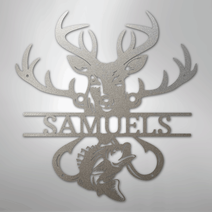 Custom Metal Wall Art - Personalized Deer and Fish Sign Silver