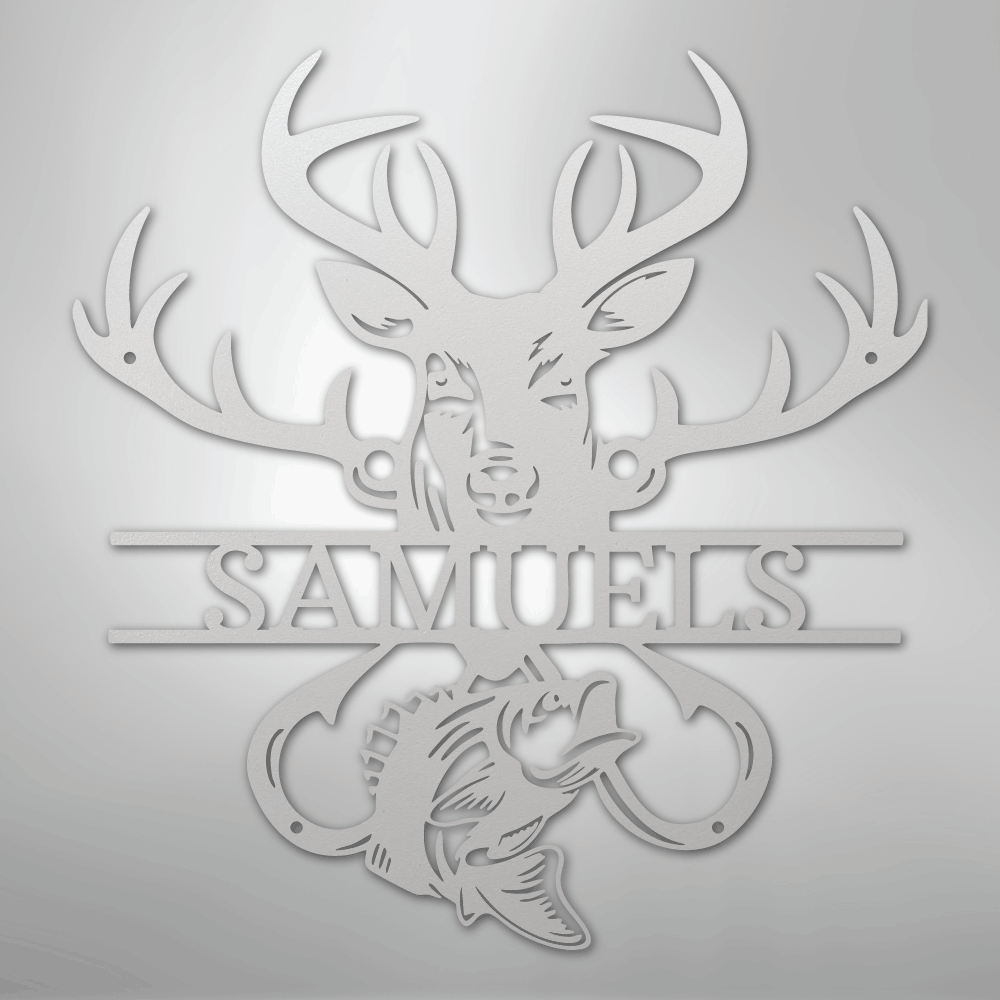 Custom Metal Wall Art - Personalized Deer and Fish Sign White