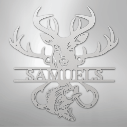 Custom Metal Wall Art - Personalized Deer and Fish Sign White