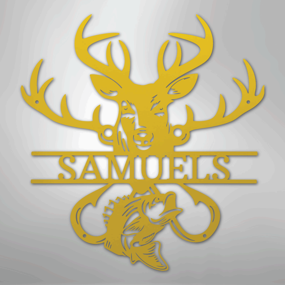 Custom Metal Wall Art - Personalized Deer and Fish Sign Yellow