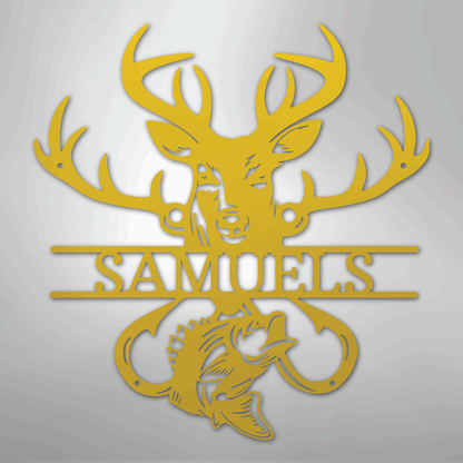 Custom Metal Wall Art - Personalized Deer and Fish Sign Yellow