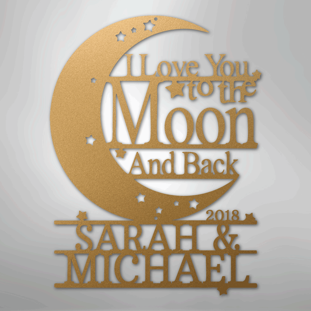 Custom Metal Wall Art - Personalized Moon and Back Monogram Sign Gold