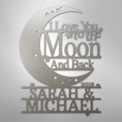 Custom Metal Wall Art - Personalized Moon and Back Monogram Sign Silver