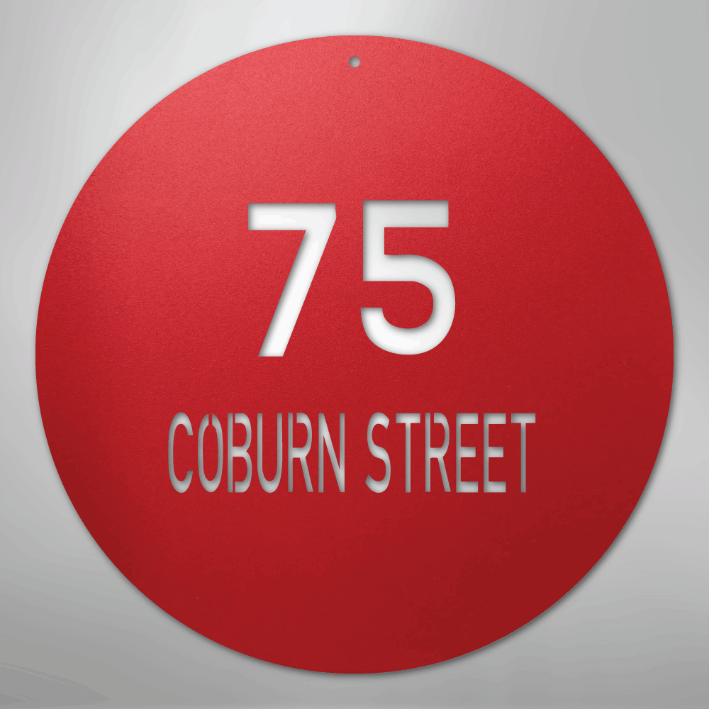 Custom Metal Sign - Personalized Round House Number Plaque Red