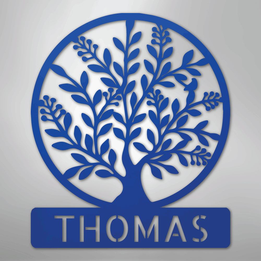 Custom Metal Wall Art - Personalized Tree of Life Name Monogram Sign Blue