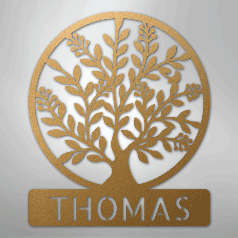 Custom Metal Wall Art - Personalized Tree of Life Name Monogram Sign Gold