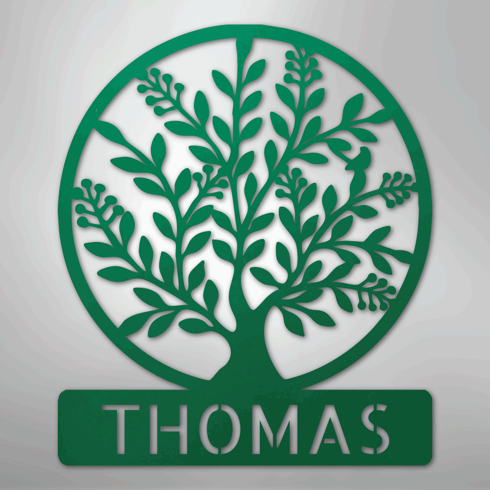 Custom Metal Wall Art - Personalized Tree of Life Name Monogram Sign Green